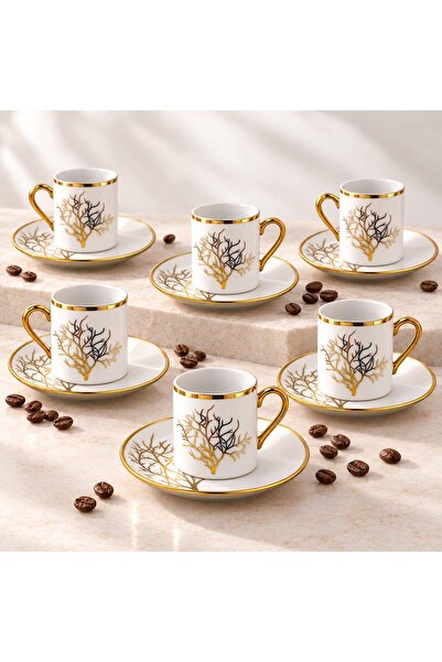 valkyrie 12 Parça 6 Kişilik 80 ml Türk Kahvesi Fincan Takımı Gold Detaylı Ağa...
