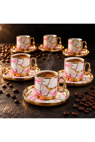 valkyrie 12 Parça 6 Kişilik 80 ml Türk Kahvesi Fincan Seti Pembe Mermer Desenli Gold Detay K653 Pembe