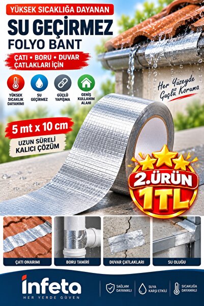 İnfeta 5 Metre x 10 cm Su Geçirmez Alüminyum Folyo Butil Bant Çatı Boru Çatla...