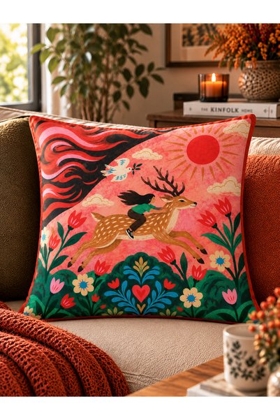 RahanDesign مجموعة من 3 أغطية وسائد زخرفية - وسائد زخرفية من جلد الغزال ذات وجهين - وسائد غرفة المعيشة البوهيمية بنقوش الأسد والغزال والطيور - 43x43 و 30x50 سم