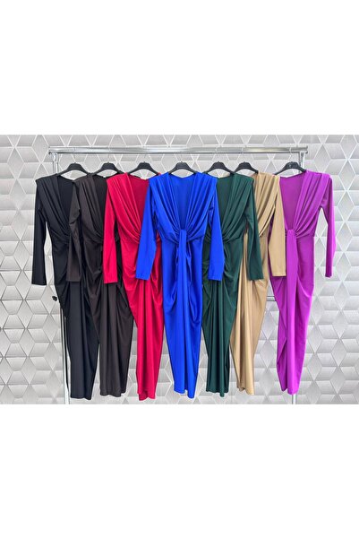 OnlyForYou Rochie Eleganta Dama din Lycra Supraelastica -Maneca Lunga cu Decolteu Adanc si Drapaj