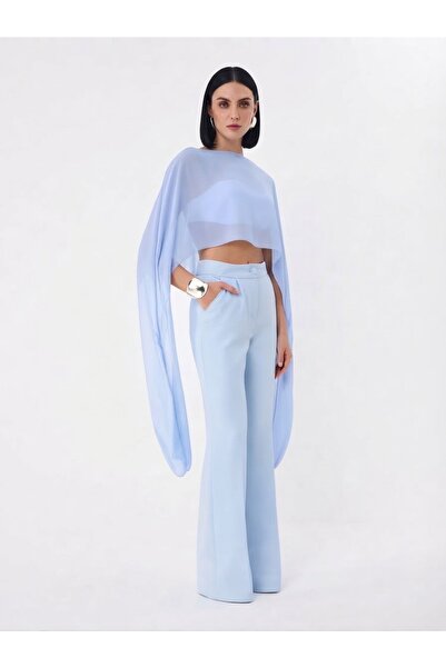 EU Tekstil Asimetrik Kesim Tül Pelerin Crop Bluz