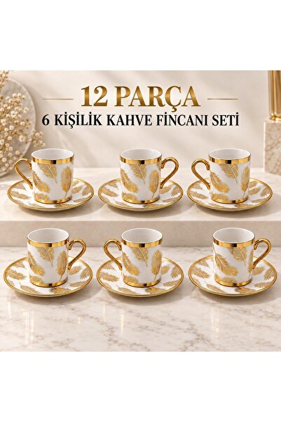 valkyrie 12 Parça 6 Kişilik 80 ml Türk Kahvesi Fincan Takımı Gold Yaprak Dese...