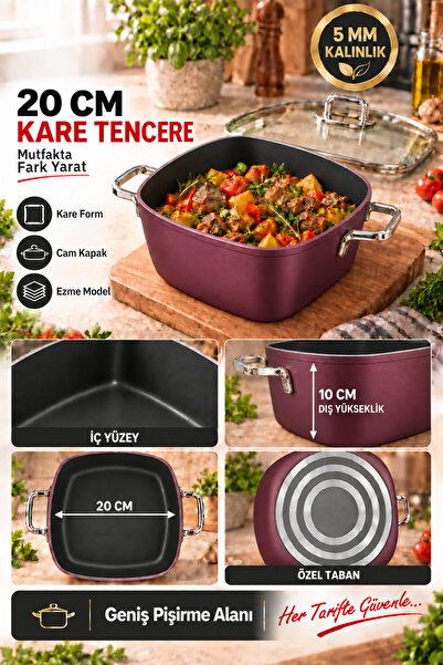 TÜRKMAZ 5 mm Ezme Kare Tencere 20 cm Cam Kapaklı