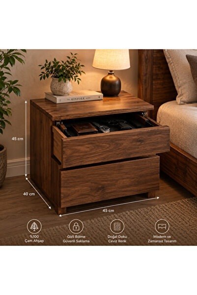 HYK Ceviz Renk Masif Çam Ahşap Gizli Bölmeli Komodin – 45×45×40 cm