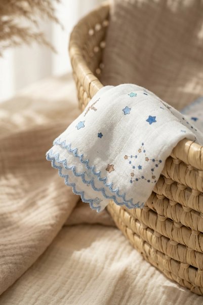 Babydonat Star Patterned Blue Edge Piping Embroidered Cotton Muslin Baby Blanket 90*90 cm