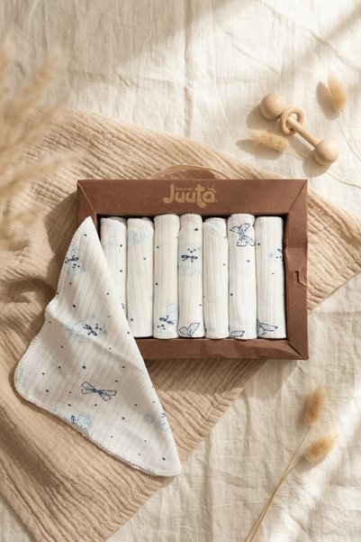 Babydonat 100% Cotton Blue Bow Patterned Baby Mouth Wipes Set - 7-Piece Soft Textured Set with Ecological Gift Box