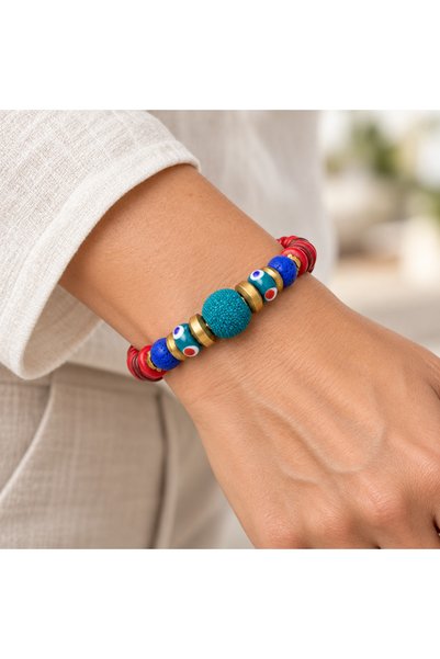 HER ŞEY NOTA www.herseynota.com Red and Blue Beaded Ethnic Bracelet with Gold...