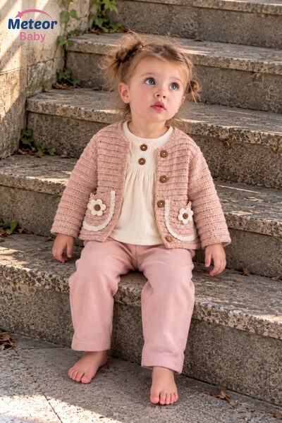 METEOR BABY Baby Girl Set with Floral Appliques and Knitted Cardigan, 3-Piece...