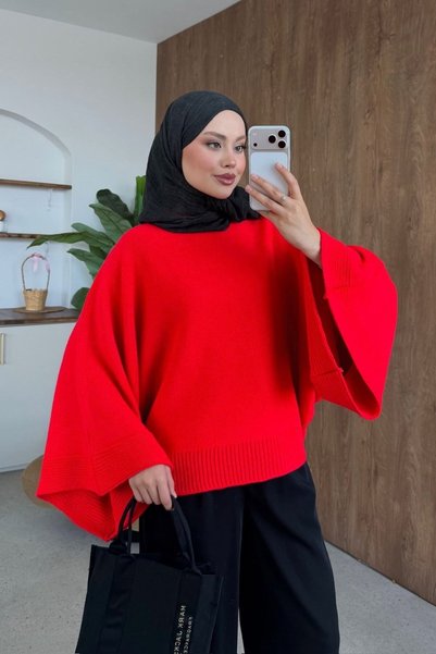 Hazamoda Golden Wide Sleeve Sweater Red