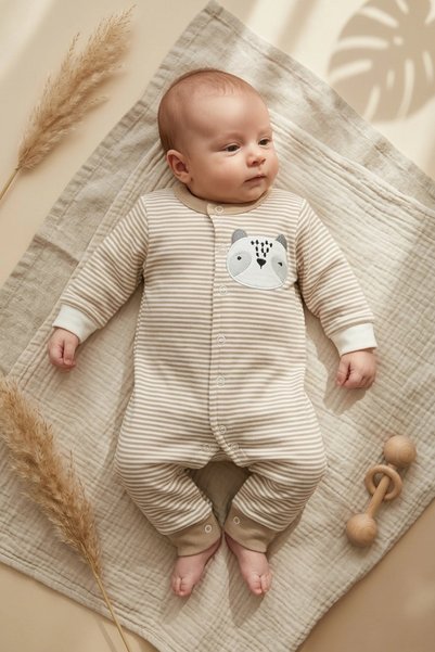Babydonat Panda Nakışlı Çizgi Desenli % 100 Pamuk Erkek Bebek Tulumu 03 Ay