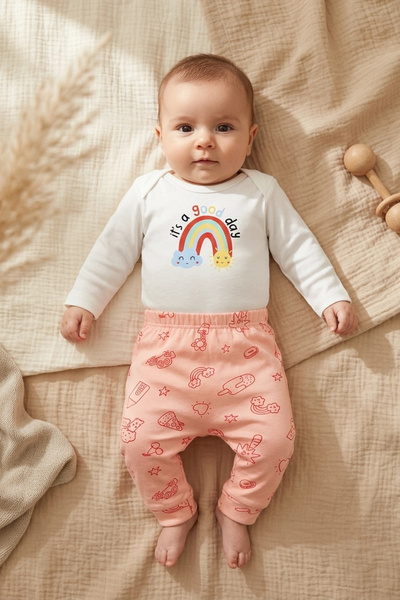 Babydonat طقم بناتي مكون من قطعتين من القطن بنسبة 100% بنمط قوس قزح - طقم مكو...