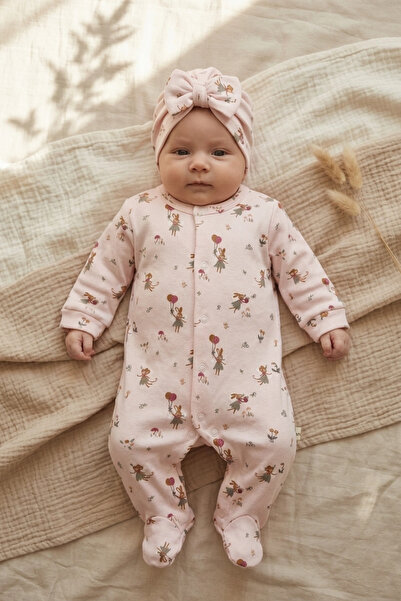 Babydonat Pembe Çiçek Desenli % 100 Pamuk Fiyonk Boneli Kız Bebek Tulumu 0-3 Ay