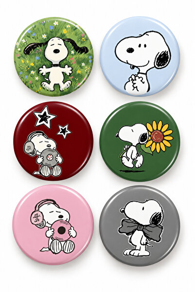 6’lı Snoopy Rozet Seti 44 mm – Metal İğneli, Canlı Baskı, Genç Tarzı Canvas Çanta Rozeti