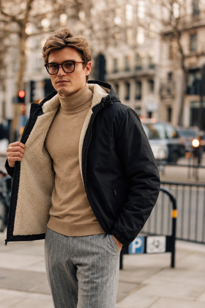 DAMGA JEANS معطف واق من المطر والرياح للرجال باللون الأسود مع فرو من الداخل
