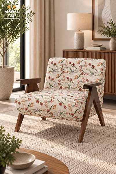 MARIA HOMES Modern Accent Armchair | White Floral Fabric Upholstered Lounge C...