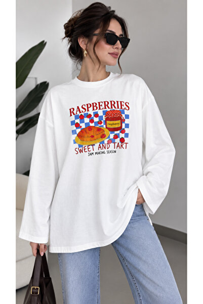 ELİSSE Women's Raspberry Printed Modal Fabric Oversize Basic Long Sleeve Tunic