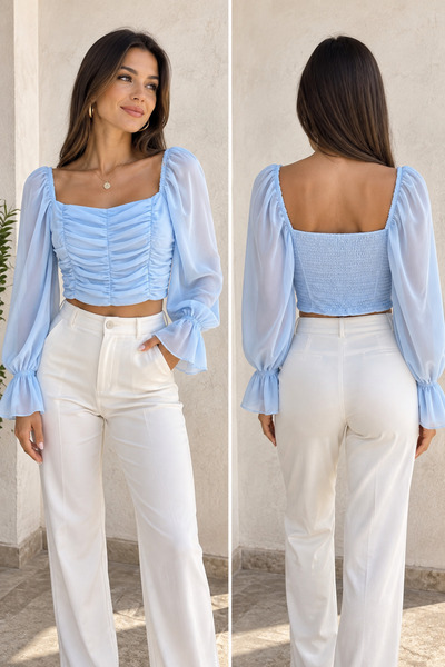 Butik Drapeli şifon uzun kollu bluz