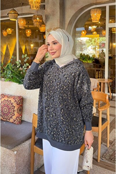 nurvina modest wear Oversize Premium Kalite Leopar Desen Triko Tesettür Kapüş...