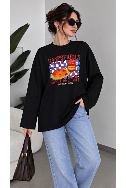 ELİSSE Women's Raspberry Printed Modal Fabric Oversize Basic Long Sleeve Tunic