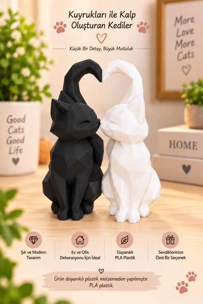 nangbeto Kuyruklarıyla Kalp Oluşturan 2 Kedi Biblo Dekoratif Figür Seti Siyah...