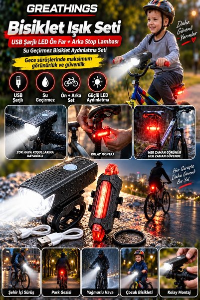Greathings USB Şarjlı Bisiklet Işık Seti – LED Ön Far + Arka Stop Lambası, Su...
