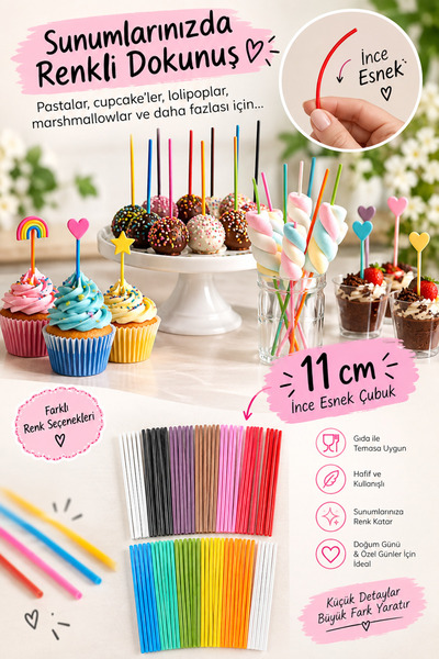 hediyehobihersey İnce Esnek Sunum Çubuğu, Lolipop, Cupcake, Truff, Çikolata Vb. 25 Adet 11cm