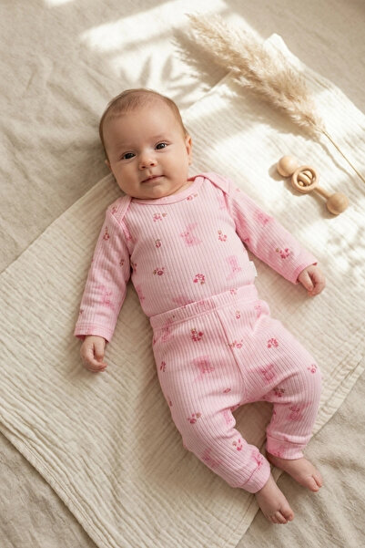 Babydonat طقم بناتي من القطن بنسبة 100% بنمط أرنب وردي اللون، مناسب للأعمار م...