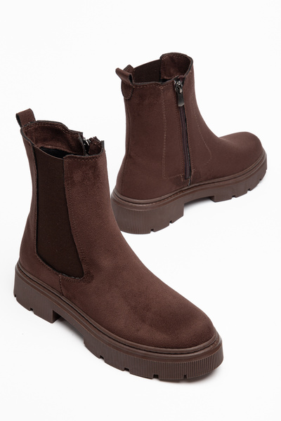 motto store Women's Bitter Brown Suede Thick Soled Zippered Chelsea Boots
