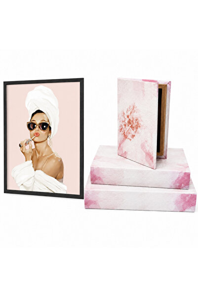 HOME MODE Pink Floral Decorative Storage Book Box Set with Wall Art, 3 Wooden...