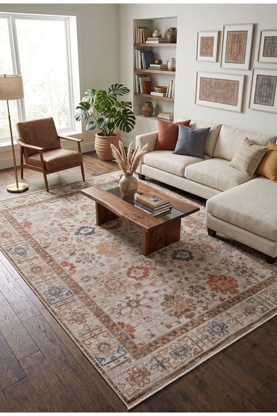 VEJA HOME Flora Krem Kiremit Klasik Etnik Desenli Vintage Eskitme Salon Halıs...