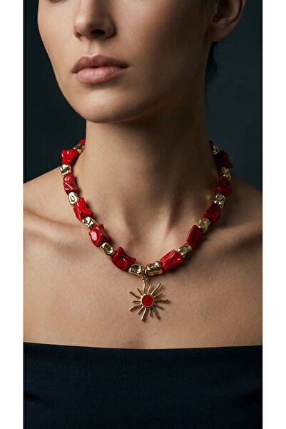 Beatis Women's Red Stone Necklace Gold Color Sun Figured Organic Piece Stringed Design Necklace
