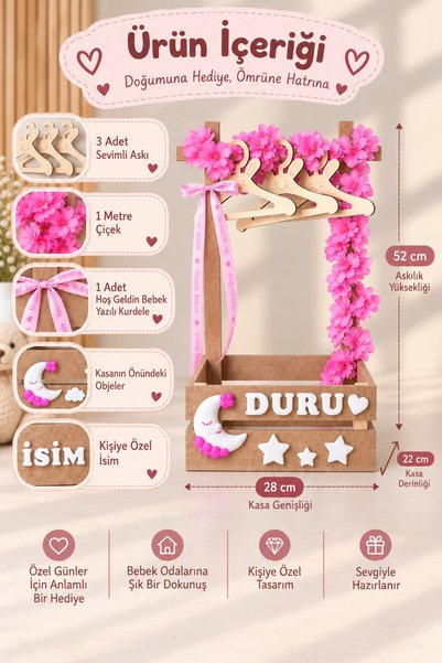 Nilsa Kişiye Özel İsimli Kız Bebek Hediye Sepeti Doğal Renk Kasa Pembe Detaylı Çiçekli Kalp Yıldız | Teyze Sepeti | Hala Sepeti | Babyshower Hediyesi | Kırk Uçurma Sepeti