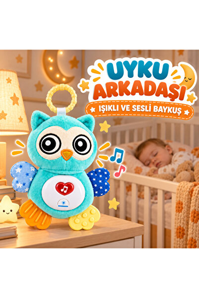 TOTTERİQ Işıklı ve Sesli Baykuş Bebek Oyuncağı Uyku Arkadaşı Turkuaz