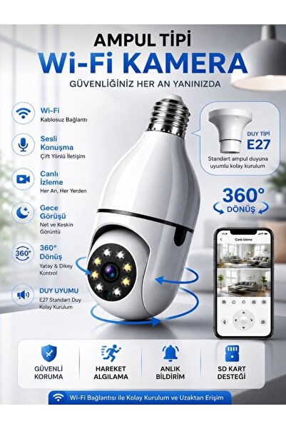 EMİN ENSAR HOME Ampul Kamera Harekete Duyarlı Gece Görüşlü Kablosuz Bebek Izl...