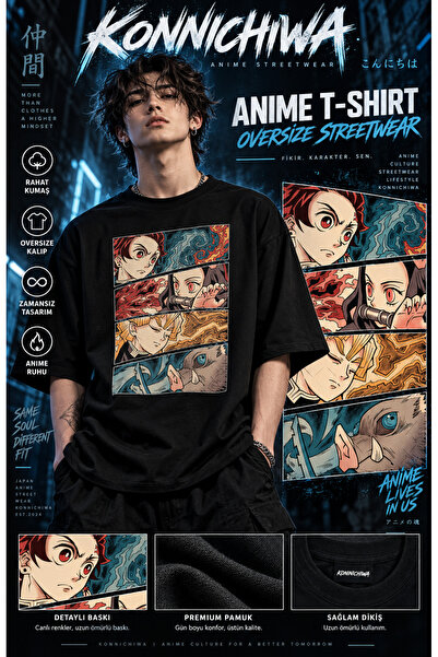 FG KONNİCHİWA Demon Slayer Akaza Tanjiro Nezuko Zenitsu Inosuke Baskılı Siyah...