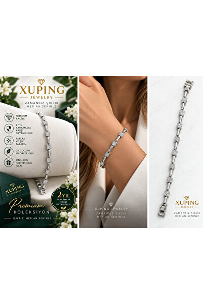 XUPING JEWELRY Kadın Gümüş Renk Zirkon Taşlı Kare Detaylı Şık Bileklik