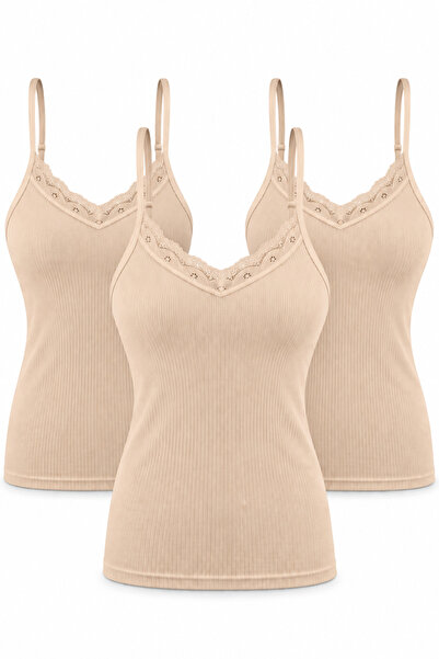 westicgiyim Women's 3-Piece Assorted Ribbed Undershirt with Lace Detail, V-Ne...
