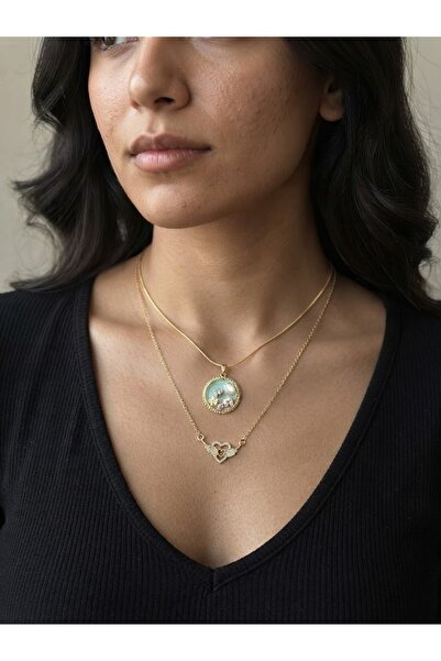 ROYAL SPARK Double Combination Necklace with Zircon Stone Winged Heart and Mi...