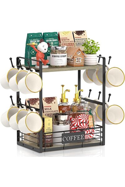 U-HOOME 2-Tier Coffee Bar Station Organizer,Countertop Mug Holder with 12 Hoo...