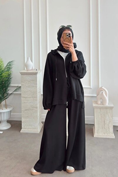 Moda Aydın Butik Women's Hooded Zipper Wide Leg Pants Set - Black