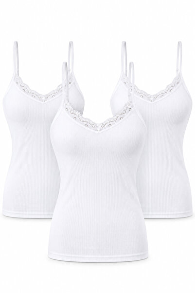 westicgiyim Women's 3-Piece Assorted Ribbed Undershirt with Lace Detail, V-Ne...