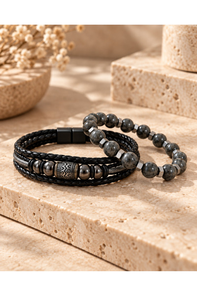 Kumru Studio Spektrolit Natural Stone and Black & Gray Leather Men's Bracelet...