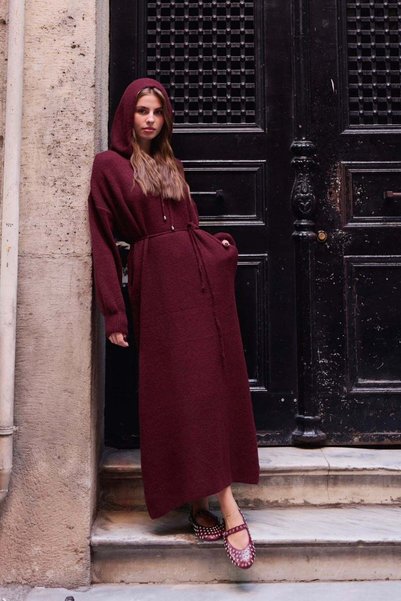 Hazamoda Premium Hooded Sweat Dress Burgundy