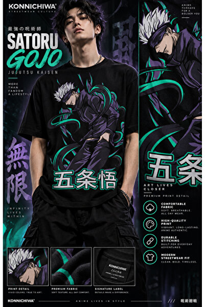 FG KONNİCHİWA Jujutsu Kaisen Satoru Gojo Suguru Geto Sukuna Printed Black T-S...