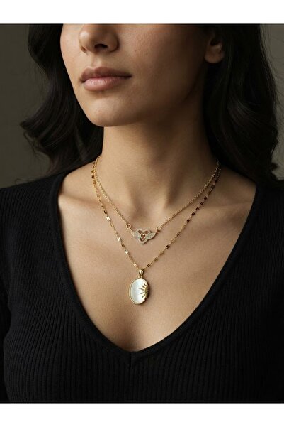 ROYAL SPARK Double Combination Necklace with Zircon Stone, Winged Heart and M...