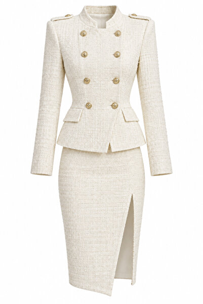 Julidress Double-Breasted Jacket and Mini Skirt Premium Tweed Set