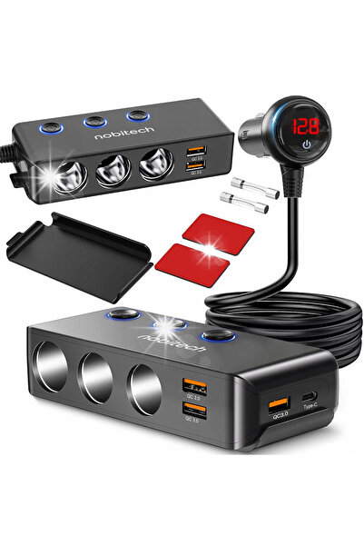 nobitech Încărcător auto splitter priză brichetă 12-24V 3xUSB USB-C PD