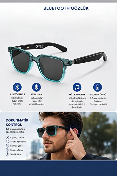 Chunky Frame Bluetooth Müzik Arama Özellikli Açık Kulak Ses Deneyimli, Dahili Mikrofonlu, Dokunmatik Kontrollü ve Sesli Asistan Uzaktan Kontrol Destekli Güneş Gözlüğü