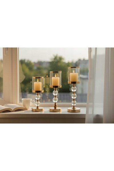 NO BRAND SET DE 3 SFEȘNICE, LAMPION DE STICLĂ, DECOR AURIU, STIL GLAMOUR, CU ...
